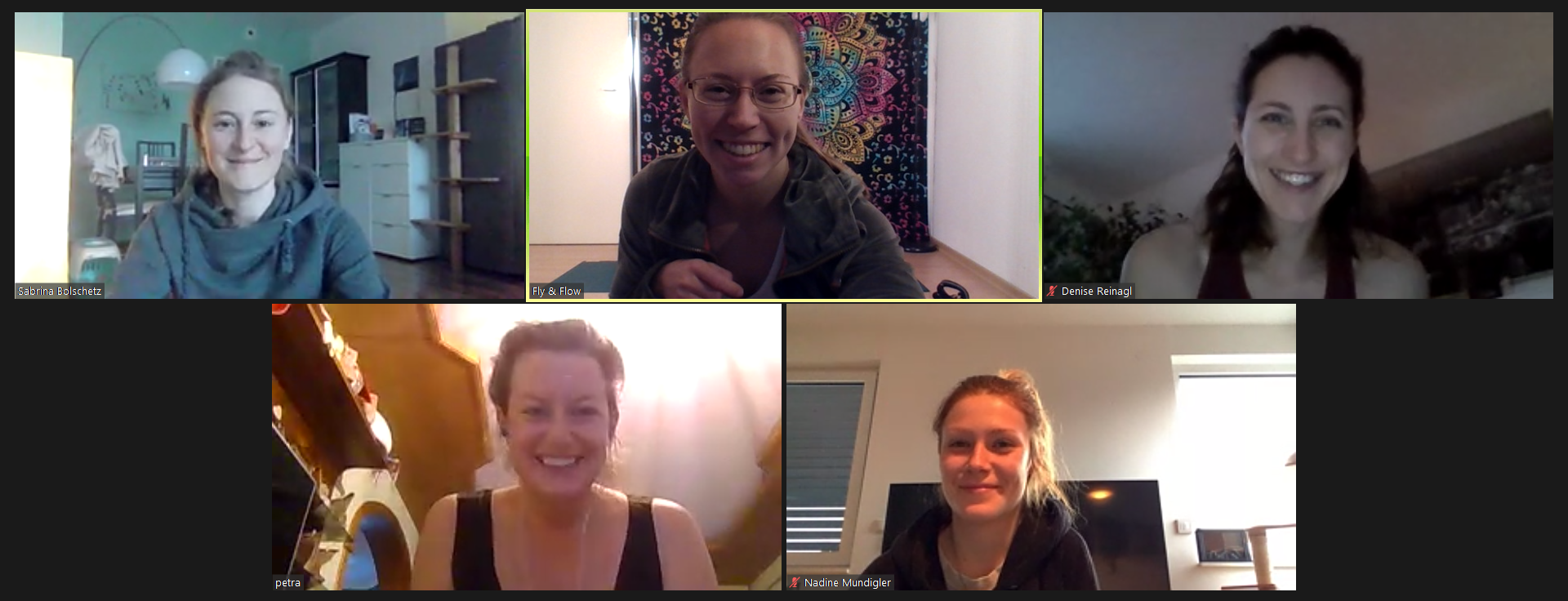 Fünf lächelnde Frauen auf Zoom