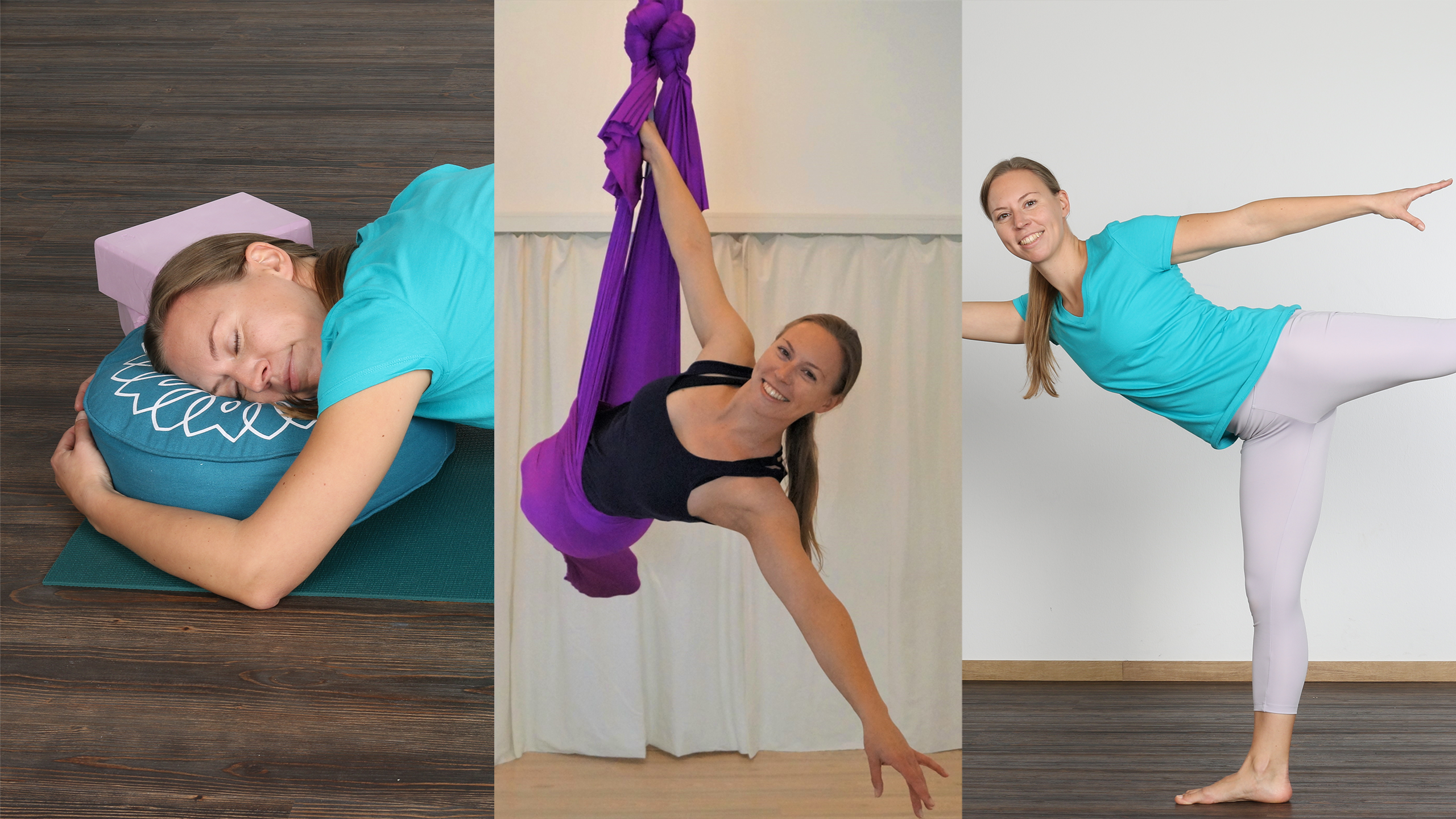 Collage mit einem Yin Yoga, einem Aerial Yoga und einem Inside Flow Foto