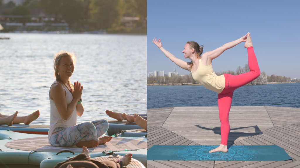 Collage mit Yogalehrerin auf SUP Yoga Insel im Sitzen und auf Steg in Tänzer Pose