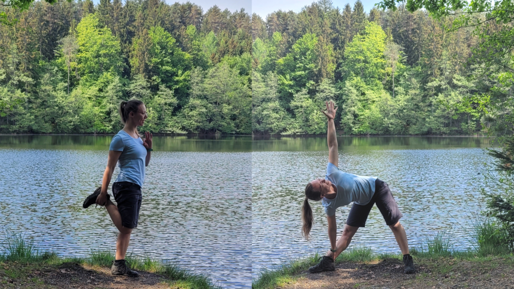 Collage aus zwei Yoga Übungen zum Wandern an einem Teich im Wald