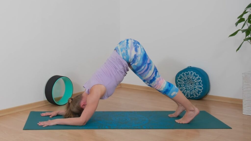 Yogini in sommerlichem Yoga Outfit übt den Delfin