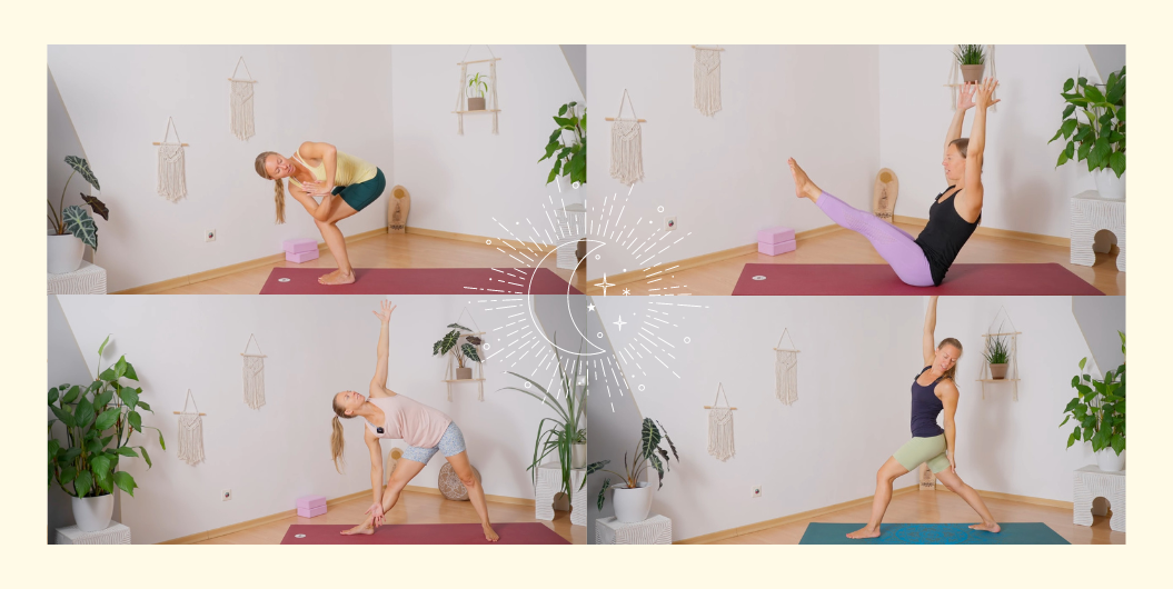 Mond Yoga Collage aus vier Yoga Übungen zu den Mondphasen