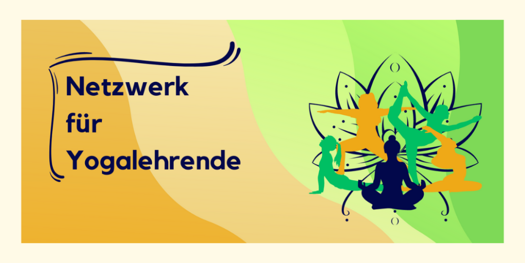 Titelbild der Facebook Gruppe Netzwerk für Yoga Lehrende sowie für das Treffen in Wien mit in Gelb- und Grüntönen im Hintergrund, Grafiken von Yogaposen und Schriftzug
