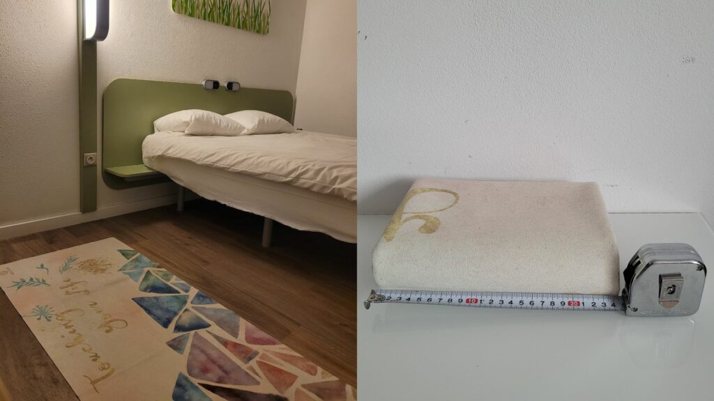 Collage mit Yogamatte in Hotelzimmer ausgebreitet und zusammengefaltet mit Maßband, das 24 Zentimeter Länge zeigt