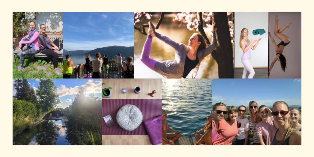 Collage der Yoga Urlaube in Österreich, Kroatien, Ungarn und online 2024