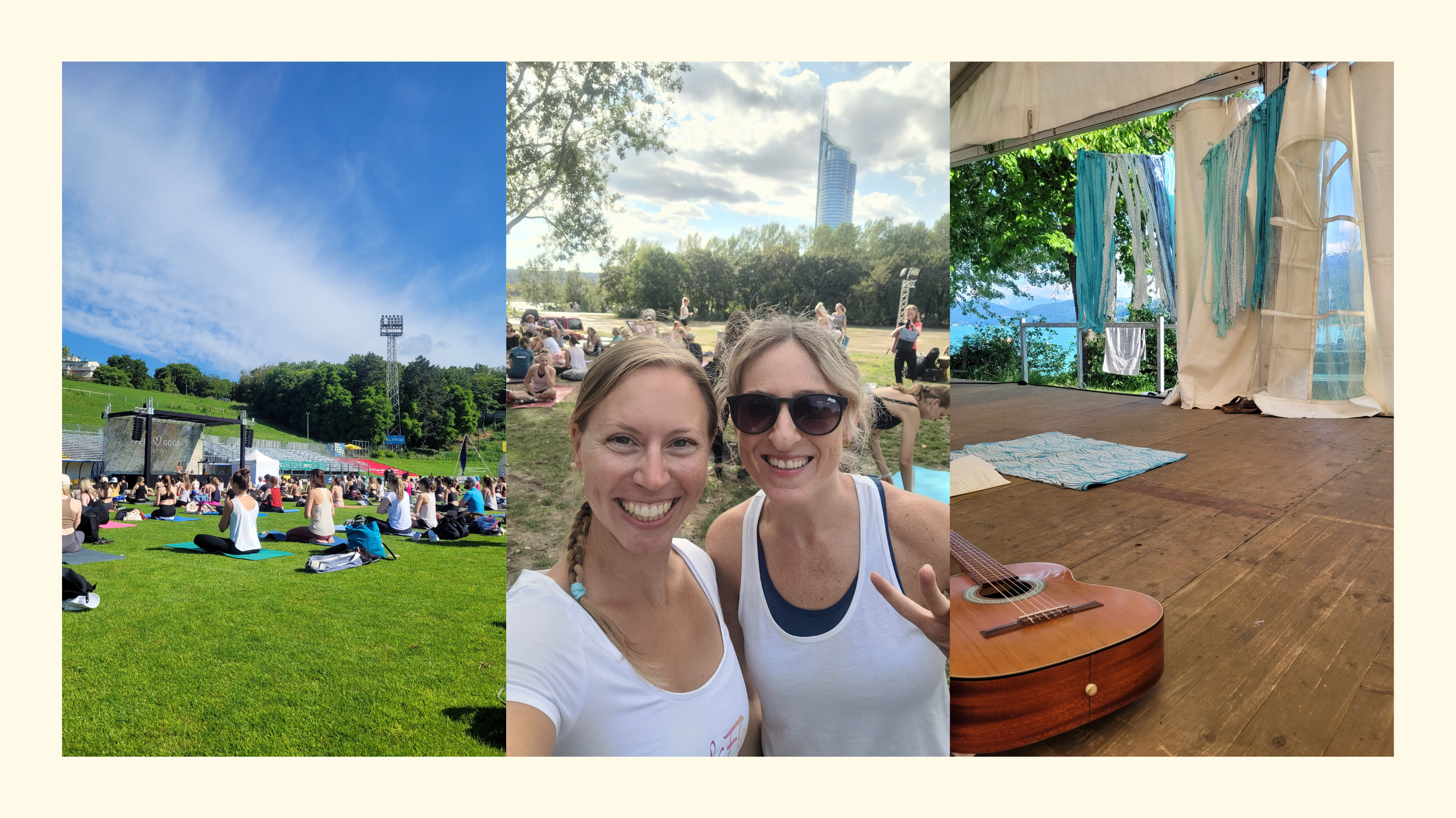 Collage mit Yoga Festival Teilnehmern auf Rasen, Yogalehrerin Sabrina mit Schülerin und Gitarre im Festivalzelt am See als Vorgeschmack auf 2024