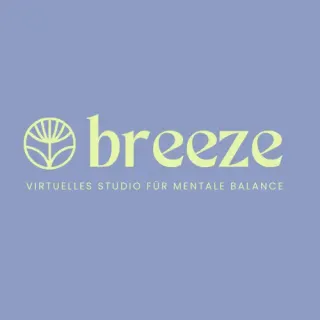 Hellgrüne Schrift auf taubenblauem Hintergrund zeigt Blumenlogo, breeze Schriftzug und Zusatz "Virtuelles Studio für Mentale Balance"