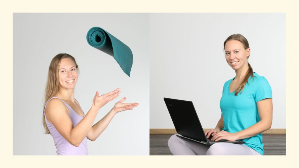 Collage mit zwei Fotos einer Yogalehrerin, die auf dem einen Foto lächelnd eine Yogamatte in die Luft wirft und auf dem anderen sitzend am Laptop ihre Selbstständigkeit als Yogalehrer vorbereitet