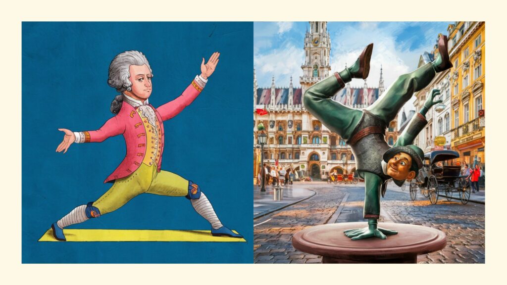 Zwei von AI generierte Bilder zeigen einerseits Mozart im Krieger 2 und andererseits den Wiener Rathausmann im einarmigen Handstand als Symbol für die besten Yoga Studios in Wien