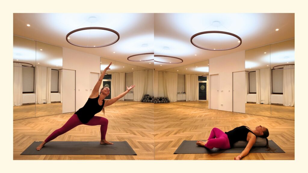 Collage zweier Fotos von Sabrina beim Functional und Yin Yoga im Rising High Studio in 1210 Wien