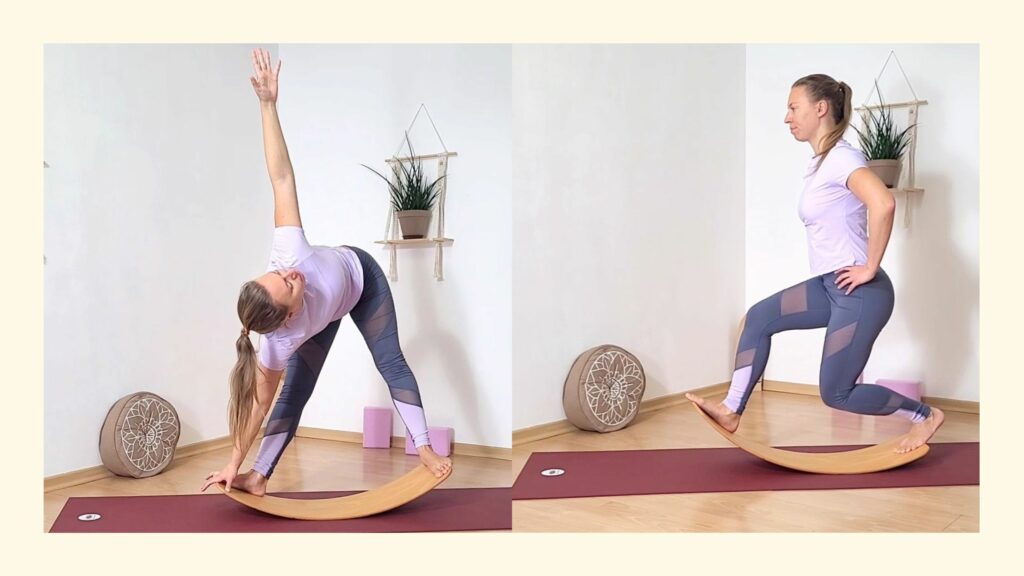 Collage zweier Bilder von Sabrina beim Yoga auf dem Balance Board