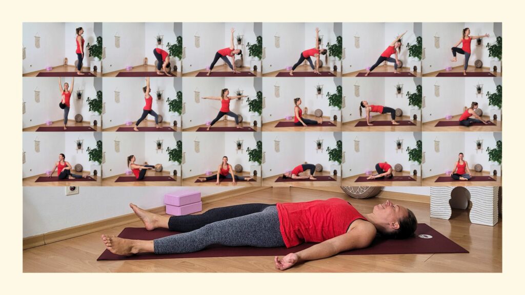 Collage aus 18 kleinen Yogaposen und einem großen Savasana Foto als Überblick über die Übungen des Ashtanga Yoga für Einsteiger