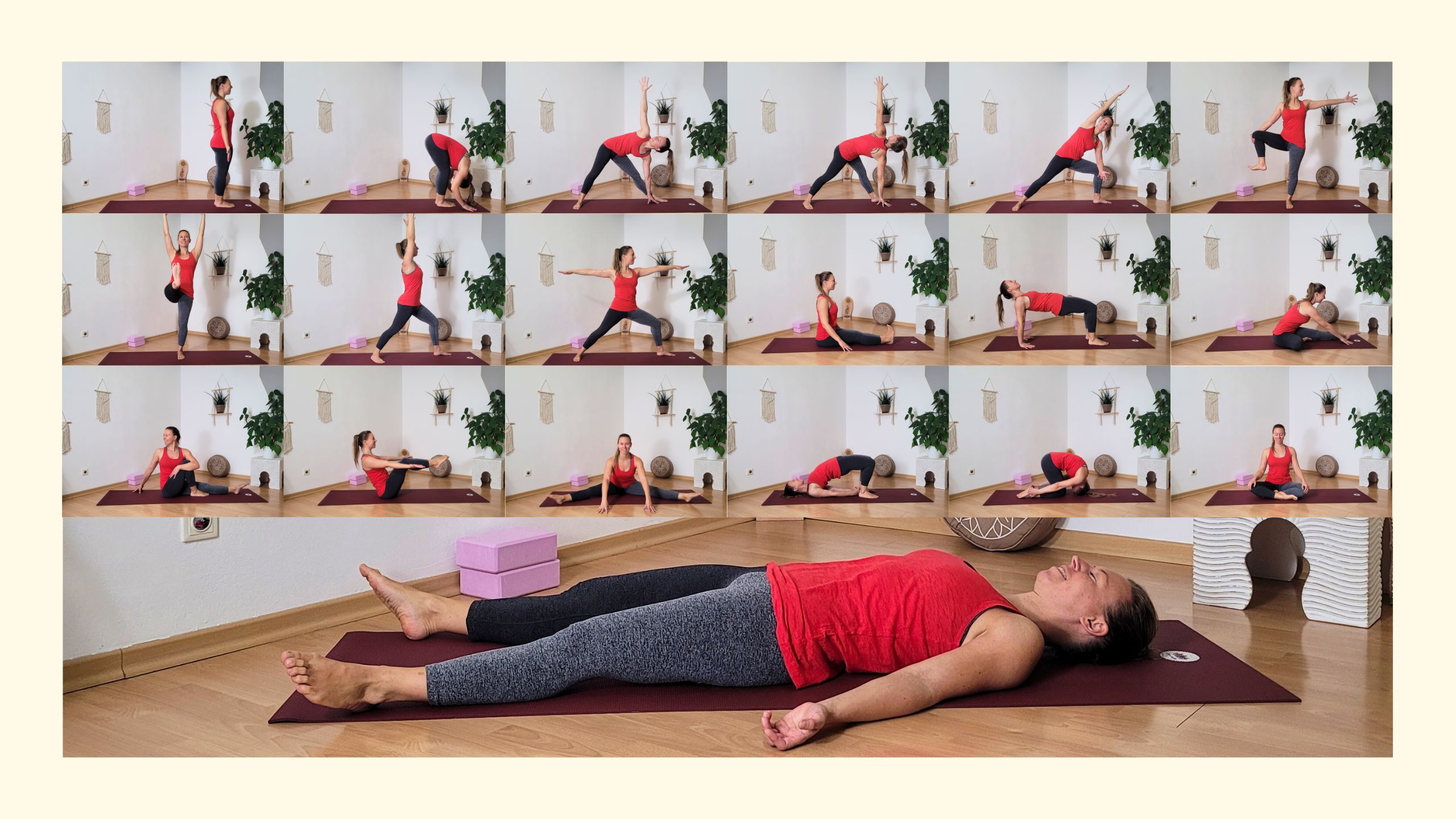 Collage aus 18 kleinen Yogaposen und einem großen Savasana Foto als Überblick über die Übungen des Ashtanga Yoga für Einsteiger