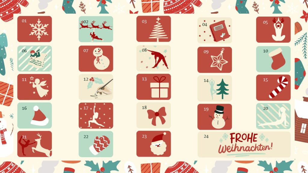 Adventkalender Grafik in weihnachtlichen Farben mit festlichen Motiven sowie Yoga und Journaling Grafiken