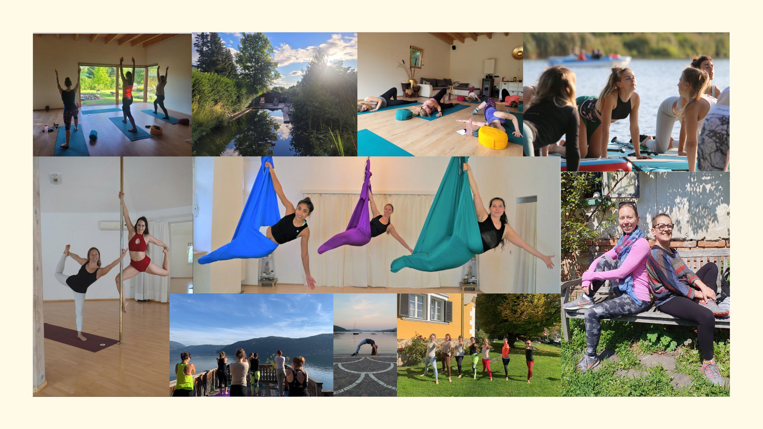 Collage der Fly & Flow Yoga Retreats in Österreich und Ungarn 2025