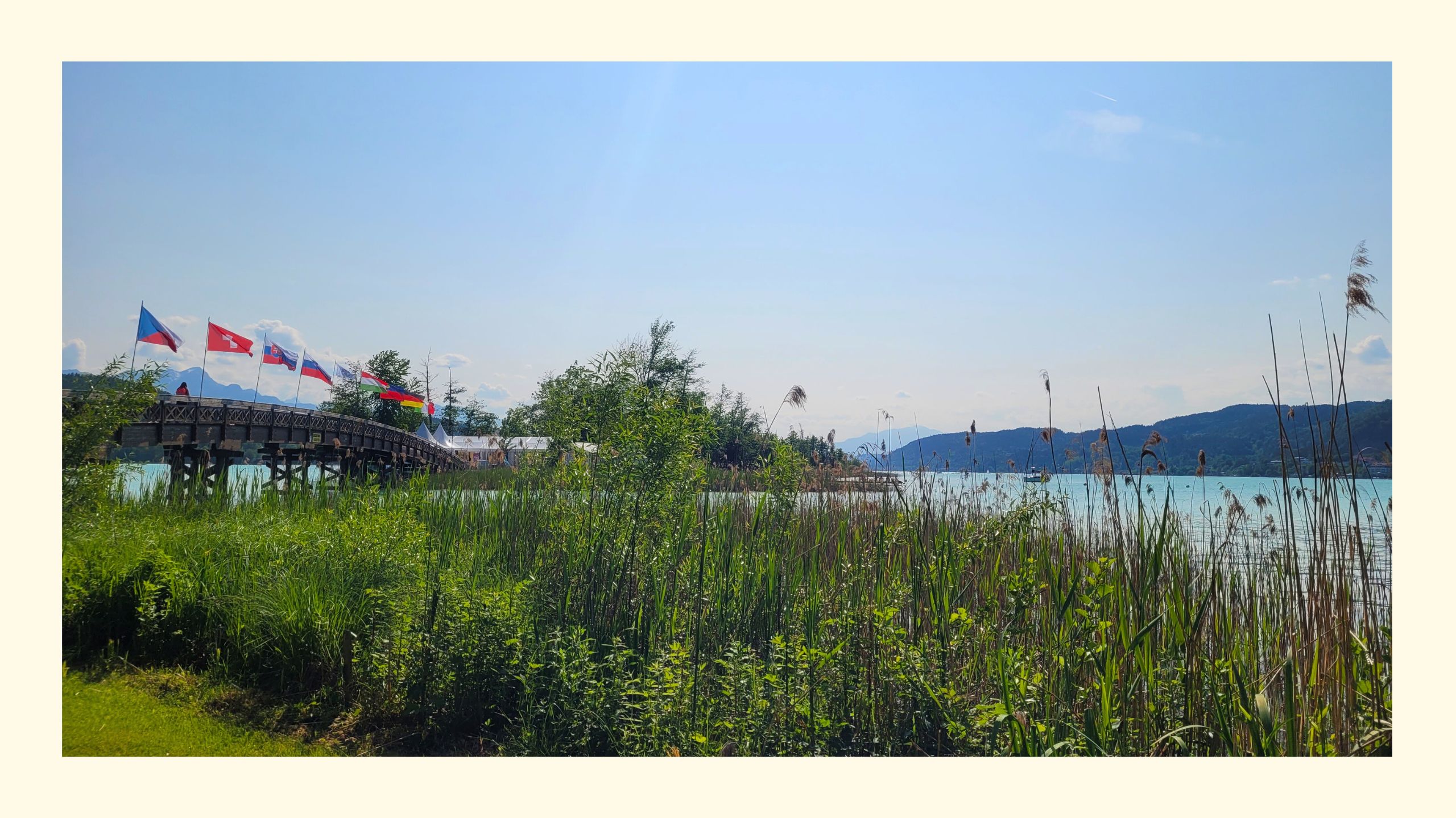Schilf und Fahnen auf der Brücke zur Blumeninsel beim Namaste am See Yoga Festival in Pörtschach am Wörthersee