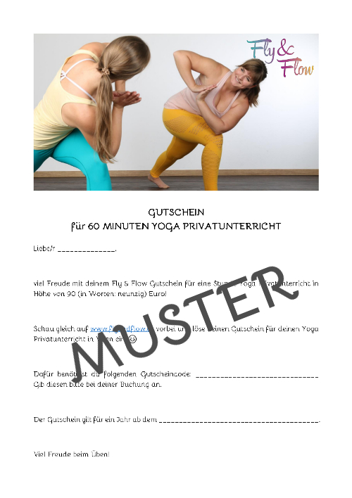 Muster des Yoga Privatunterricht Gutscheins im Wert von 90 Euro