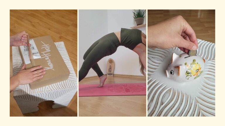 Collage aus drei Bildern als Sinnbild für Yoga Affiliate Programme, auf denen ein Hey Honey Paket geöffnet wird, Sabrina die Kleidung auf der Yogamatte in einer Rückbeuge trägt und eine zwei Euro Münze in ein altes Sparschwein gesteckt wird