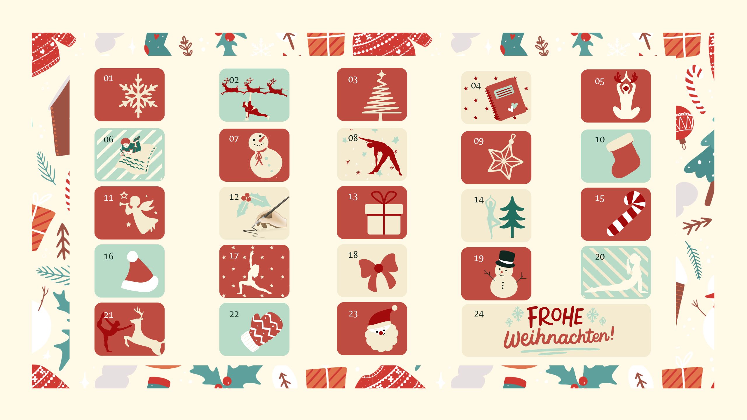 Adventkalender Grafik in weihnachtlichen Farben mit festlichen Motiven sowie Yoga und Journaling Symbolen