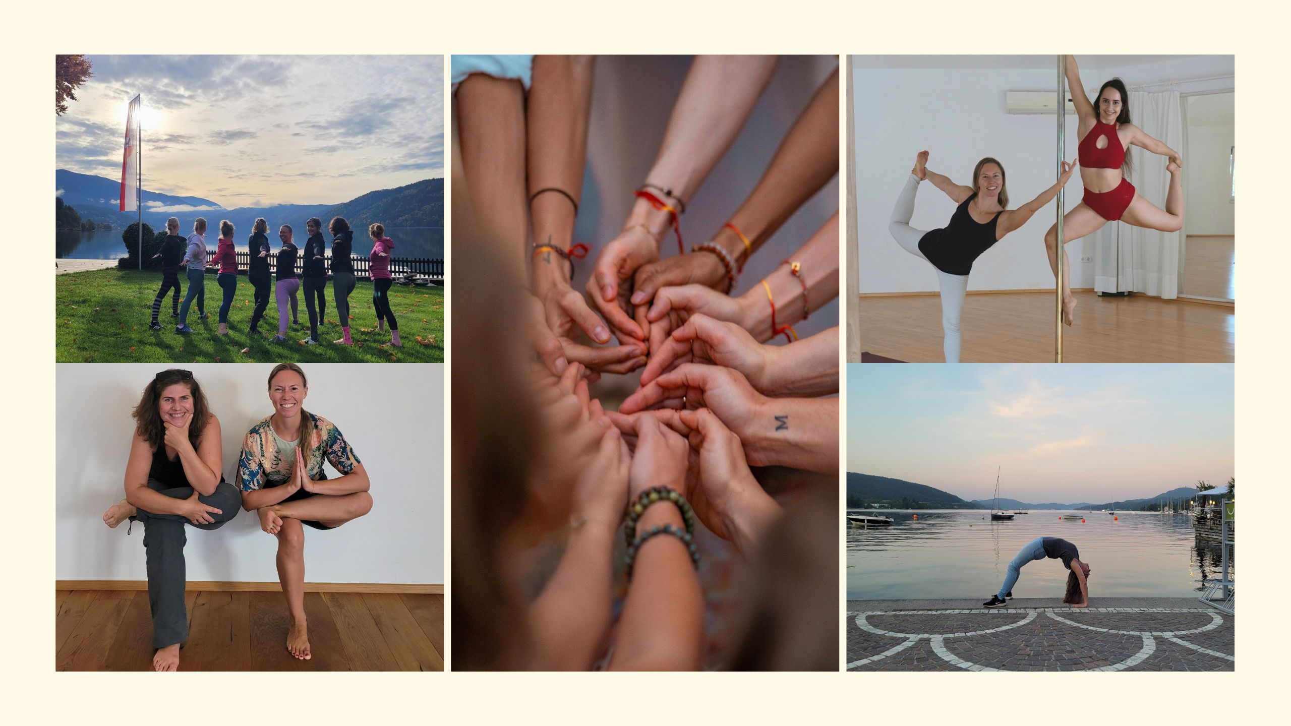 Collage der Yoga Retreats 2026 mit Gruppenfotos und Bildern der Yogalehrerin und ihrer Kolleginnen