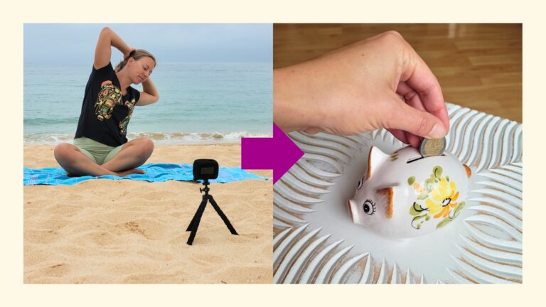 Collage von zwei Fotos als Symbolbild für die YouTube Monetarisierung als Yogalehrer: links Sabrina beim Yoga Videodreh am Strand, rechts eine Hand, die eine Münze in ein Sparschwein wirft