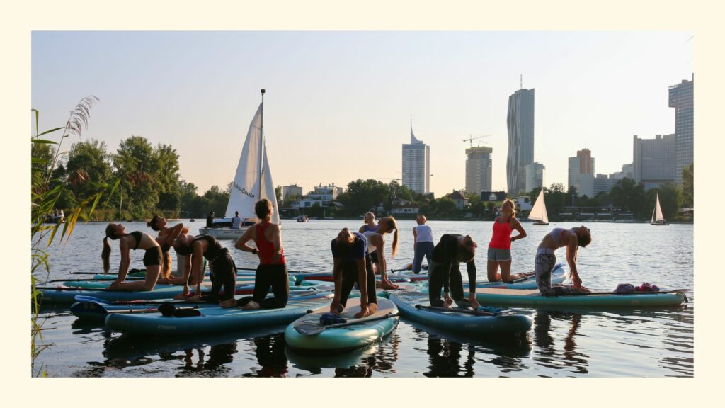 Gruppe Frauen in Kamelposition bei SUP Yoga Stunde auf der Alten Donau in Wien, unweit von Flotus und Hofbauer
