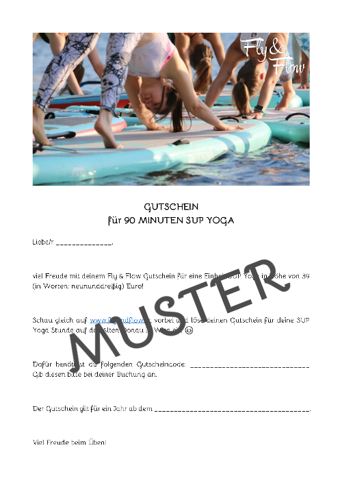 Musteransicht eines Gutscheins für SUP Yoga mit Foto von Frauen auf der Alten Donau im Hinabschauenden Hund